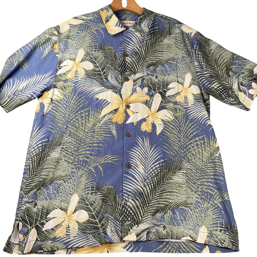 Tommy Bahama Silk Button Down Shirt Mens L Blue Tropical Palm Hibiscus Excellent
